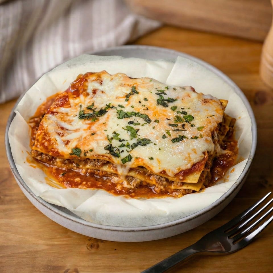 A serving of lasagna with melted cheese and herbs on a white plate, next to a fork.