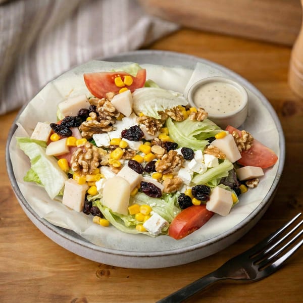 A vibrant salad with lettuce, tomatoes, corn, walnuts, raisins, cheese, and dressing in a bowl.