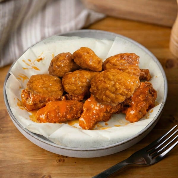 A plate of saucy, boneless orange chicken wings on parchment paper, with a fork nearby.