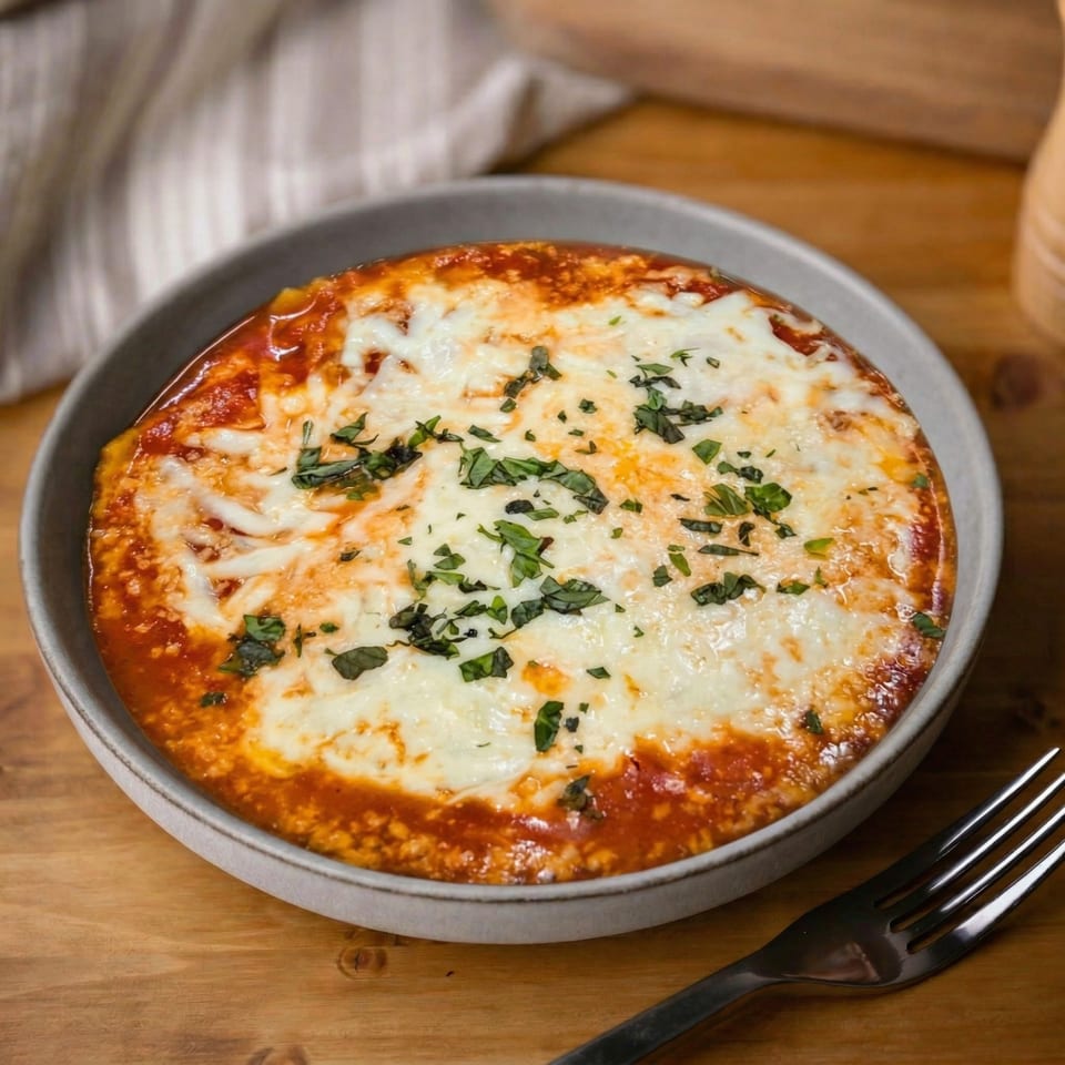 A bowl of baked pasta with melted cheese and tomato sauce, garnished with fresh herbs.